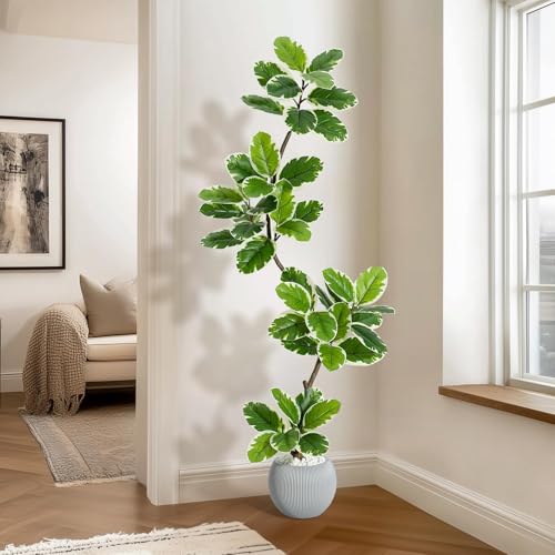 Garvee Fiddle Leaf Fig Tree Artificial Indoor, Faux Floor Plant, 5FT Tall Fake Plant with Planter and Pebbles, Artificial Trees for Home Decor Indoor,Tall Fake Tree for Housewarming - size: 5ft