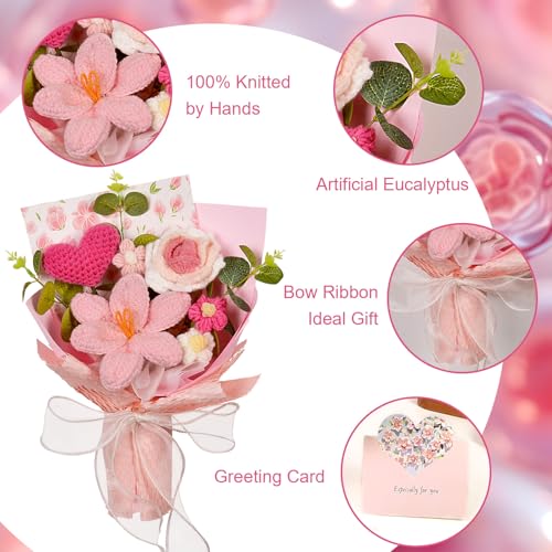 Crochet Flowers Bouquet - Crochet Tulips Roses Love Heart Daisies Knitted Flowers for Valentine's Day Anniversary Wedding Engagement Mother's Day Birthday Gifts Home Décor, Pink - color: Z: Pink - Love Heart