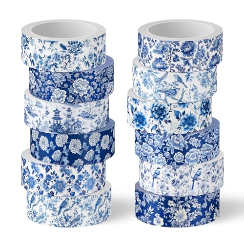 FYSUIMU 12 Rolls Blue Floral Washi Tape Chinoiserie Flower Bird Decorative Masking Tape Set Blue White Toile Wrapping Paper Tapes for Scrapbook Journal DIY Art Crafts - style: Blue Floral