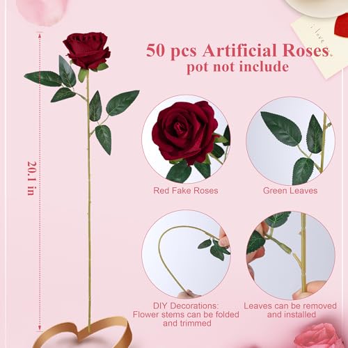50 PCS Burgundy Roses Artificial Flowers, Fake Roses with Stem Realistic Silk Roses for DIY Wedding Bouquets Table Centerpieces Arrangements Baby Shower Birthday Home Decor Valentines Day Gift for Her - color: Burgundy