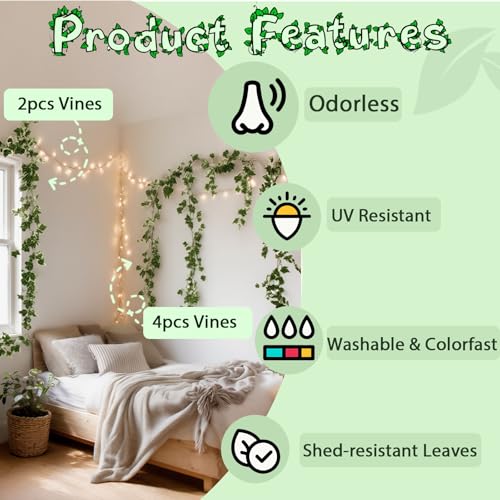 ucky Ivy Vines 71 Inch 4 Pcs Artificial Plant Silk Fake for Wall Hanging Decor Greenery Ceiling Decor Home Decor Outdoor Decor Wedding Decoration Vines Aesthetic Room Decor （White） - color: Green and White