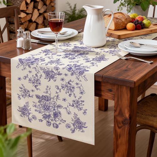 Larponder Summer Blue and White Table Runner, Flower, 13x72 Inch | Seasonal Anniversary Holiday Kitchen Dinning Table Home Party Decor - color: Blue Flower, size: 13" x 72" (Rectangular)