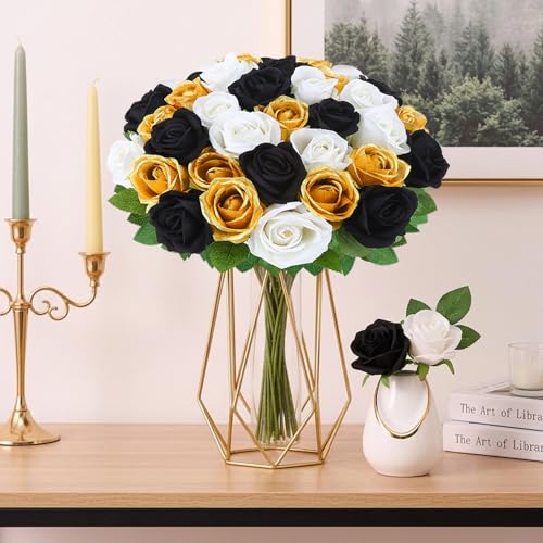 36 Pcs Velvet Texture Black, Gold, White Artificial Flowers Bridal Bouquet, Fake Rose Long Stem Realistic Flowers Bulk for Valentine's Day Wedding Bouquet Ball Arrangement Centerpiece Party - color: Black, Gold, White