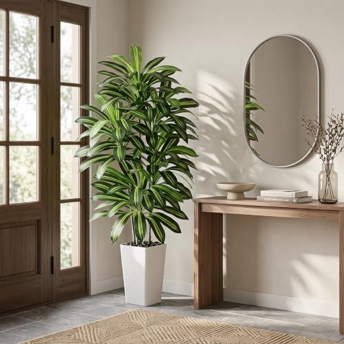 Artificial Dracaena Tree - 6FT Tall Fake Plants with White Tall Planter - Artificial Plants Indoor Floor Plant in Pot - Large Tropical Fake Yucca Potted Tree for Home Office Living Room Decor - color: White, size: 6 FT