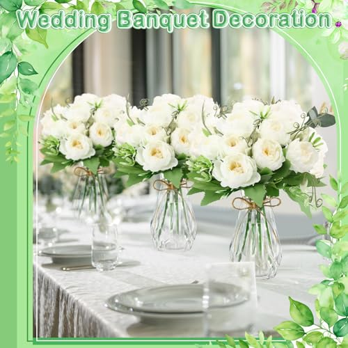 Zeyune 37 Pack Artificial Peonies Flowers with Bud Vase Bulk 24 Bundles Silk Peonies Bouquets 12 Plastic Clear Vase with 1 Rope Fake Flowers for Table Centerpiece Vases(White,Perfume) - color: White, style: Perfume