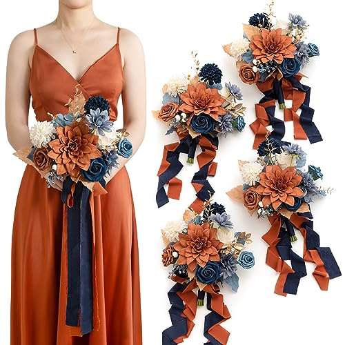 Ling's moment Burnt Orange Artificial Bridesmaid Bouquets Set of 4,Terracotta Wedding Flower Bouquets Navy Blue Floral Bouquet Bridal Bouquets with Ribbon,Ceremony,Anniversary,7-inch Diameter - color: Or-orange & Navy Blue