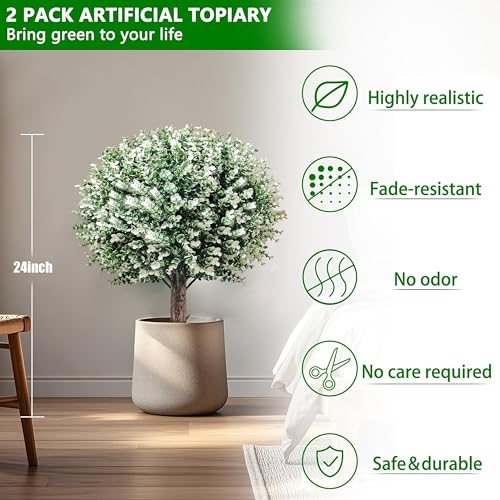 THKFUL 2PCS Artificial Boxwood Topiary Ball Tree, 24" Artificial Plants Outdoor with Spike, UV Resistant Eucalyptus Gazing Balls Fake Bushes Shrubs with Spike for 4th of July Garden Patio Office Home - style: White Boxwood