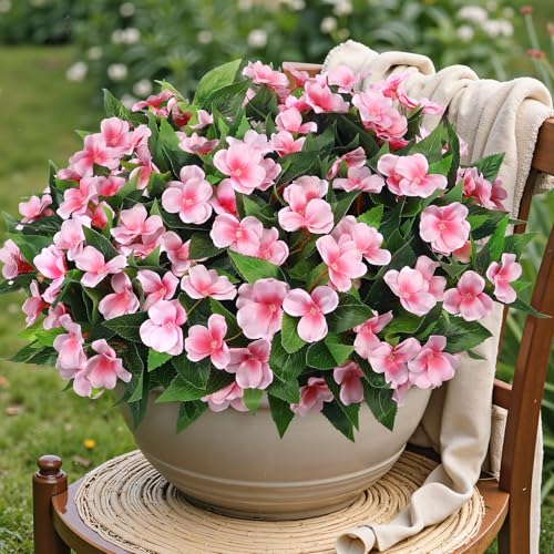 Ouddy Decor 6 Bundles Artificial Impatiens Flowers for Outdoors Decoration, Silk Flowers Bouquet Fake Plants UV Resistant for Spring Summer Garden Porch Window Box Balcony Home Decor, Light Pink - color: Light Pink