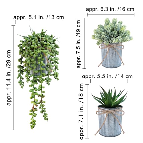 Winlyn Set of 3 Small Artificial Succulent Potted Plants Faux Aloe Hops Hanging Succulent in Rustic Galvanized Metal Pots Fake Plant Decor for Farmhouse Home Office Wedding Windowsill Table Shelf - color: Galvanized Metal Pot
