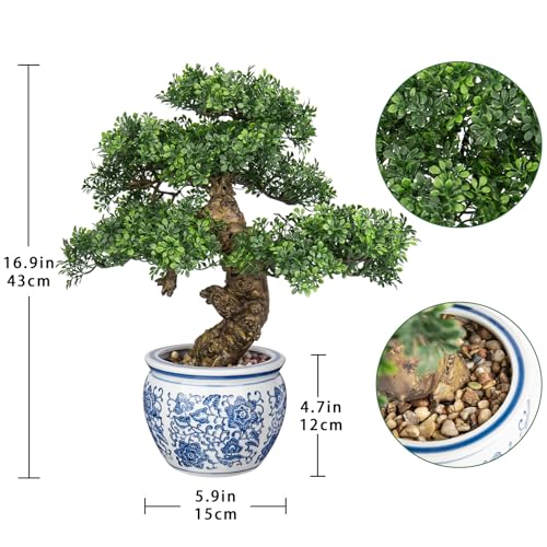 Fake Bonsai Tree Bonsai Plant 17” Tall Artificial Bonsai Trees with Blue and White Porcelain Decorated with Pebbles Desk Plant Indoor Bonsai for Home Office Decor - style: Porcelain