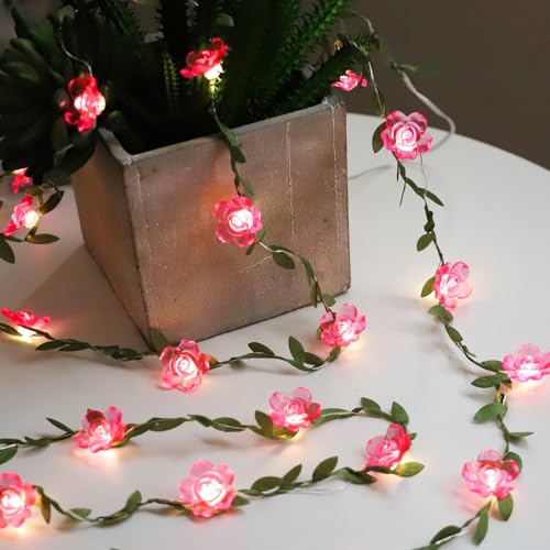 Curyidy Rose Flower String Lights Pink Floral Garland with Fairy Lights | 30 LED Copper Lights, Remote Control, Battery Operated, Vine Lamp, Bedroom, Wedding, Christmas,Valentines Day Decoration