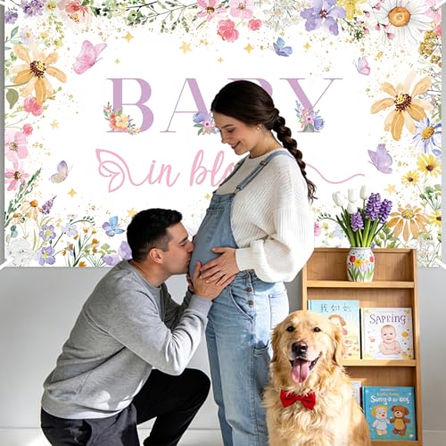 MEHOFOND Wildflower Baby in Bloom Backdrop for Girl Wildflower Baby in Bloom Decorations Banner Watercolor Golden Dots Butterfly Spring Floral Baby Shower Party Supplies Photography Background 6x3.6ft - size: 6x3.6ft