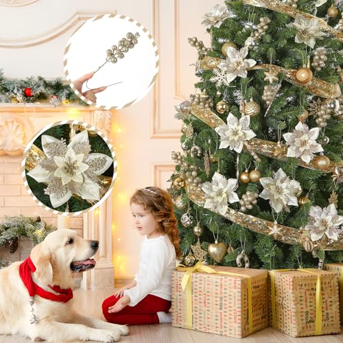 Alupssuc 24 Pieces Christmas Tree Decorations, 12 PCS Champagne Gold Poinsettia Flowers Artificial and 12 PCS Christmas Tree Picks for Christmas Decorations Party Wreath Fireplace, Champagne Gold - color: Champagne Gold