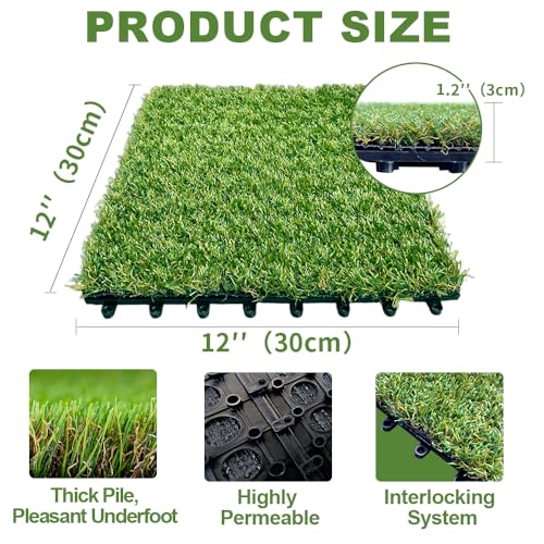 Qingbei Rina Artificial Grass Turf Tiles Interlocking 9 Pack, 12"x12" Outdoor Square Fake Grass Mat for Balcony Patio Deck Flooring, Pets Dog Pee Pad