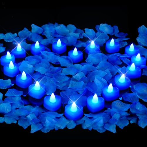 Amagic 4000 Pieces Blue Artificial Rose Petals with 50 Blue Heart LED Tea Lights, Rose Petals and Candles Set for Proposal, Anniversary, Romantic Night, Wedding Decor - color: 50 Pcs Blue Candles + 4000 Pcs Blue Petals