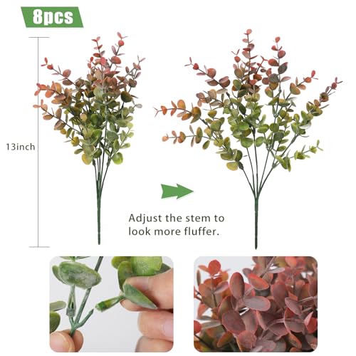 RECUTMS 8 Bundles Artificial Greenery Plants Stems Fake Eucalyptus Plants Boxwood Bushes for Summer Farmhouse Bathroom Vase Centerpiece Indoor Outdoor Graduation Wedding Party Decoration(Dusty Red) - color: Dusty Red, size: 8 Pcs