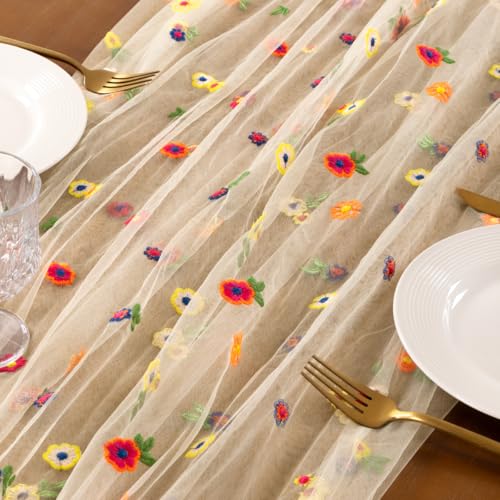 Socomi Flower Table Runner Summer Daisy Floral Tulle Gauze Cheesecloth Embroidery Table Runners for Tea Party Garden Wedding Bridal Baby Shower Birthday Picnic Decor Beige 1pc - color: Daisy Beige, size: 10ft X 1pc