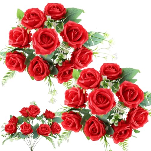 Cemetery Flowers for Grave 2pcs Grave Flowers for Cemetery-Red Silk Memorial Artificial Rose Flowers for Headstones Gravesite Graveyard Grave Vase Decorations - color: Red