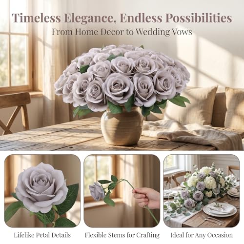 52pcs Grey Roses Artificial Flowers Fake Flowers Silk Roses with Stems for DIY Wedding Bouquets Bridal Shower Centerpieces Arrangements Party Home Decorations - color: Grey