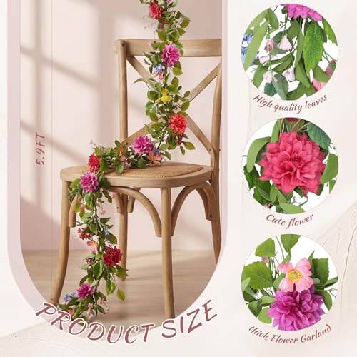 Giegxin 1 Pack 6 ft Artificial Flower Garland Flower with Dahlia and Wildflower Pink Purple Fake Wisteria Vines Summer Greenery Eucalyptus Garland for Wedding Mantle Porch Stair Table Indoor Decor - style: Dahlia,Wildflower