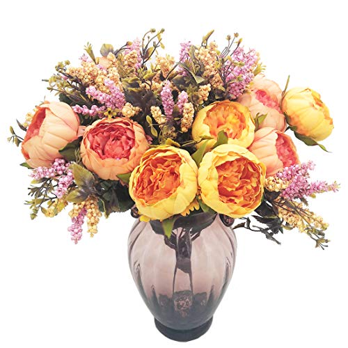 2pcs Artificial Peony Bouquets,19 Inch Silk Peony Bunch with 7 Faux Flowers,Classical Style Artificial Flowers with Leaves and Ornaments for Wedding,Home Décor Centerpieces(Orange) - color: Orange, size: Pack of 2