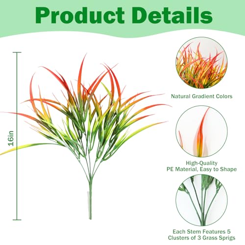 Uieke 28 Bundles Artificial Outdoor Plants UV Resistant Fake Grass Plants Faux Plastic Plants for Home Garden Spring Summer Decor, Green & Red - color: Green & Red, size: 28