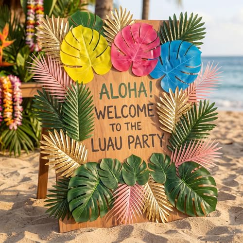 84 Pcs Artificial Palm Monstera Leaves Colorful Set Tropical Fake Leaves Monstera Green Pink Yellow for Luau Hawaiian Theme Party Table Decoration Beach Wedding Birthday Summer