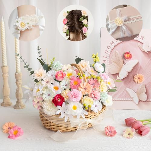 ATTGREAT Fake Flower Heads Mini Silk Flowrs Bulk Small Pink Flower 3D Loose Faux Daisy Rose Sunflowers Plum Blossoms Craft for Wedding Party Cake Baby Shower Home Decor, 110Pcs(Pink) - color: Pink