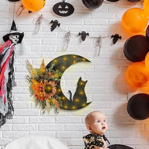 Halloween Wreaths for Front Door, Flower Moon Cat Halloween Home Decoration, Family Gathering Decoration Wreath，Outdoor, Wall, Closet, Fence, Wreath Christmas (Sunflower) - color: Sunflower