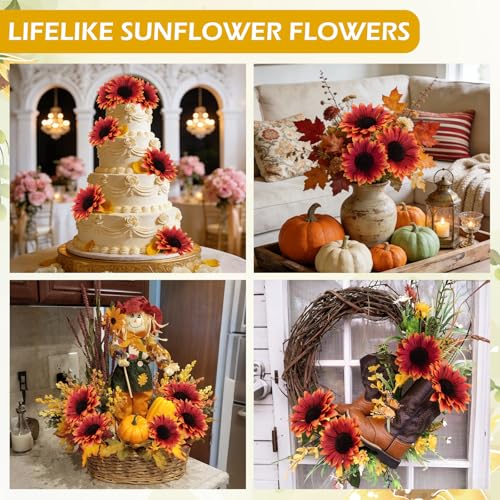 Coferset 40pcs Fake Sunflower Heads with Stems, 4" Fall Sunflower Artificial Silk Flower Heads for Party Baby Shower Wedding Making Handicrafts Home Fall Decor(Red Orange) - color: Red Orange-40pcs