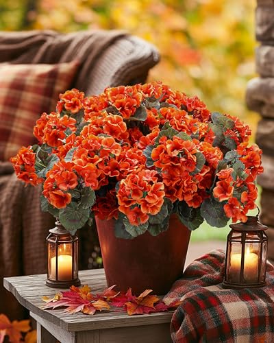 DuHouse Artificial Fall Flowers for Outdoor Garden Home Decoration 6 Bundles Artificial Geranium Flowers for Outdoor Kitchen Table Centerpieces Decor(Orange) - color: Orange