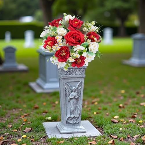 14in Cemetery Flowers for Grave Vase Red and White Flowers Fake Red Roses | Grave Flowers for Cemetery Memorial Mixed Artificial Flower Bouquet Silk Flower Arrangements for Home Table DIY Wedding - color: Red White
