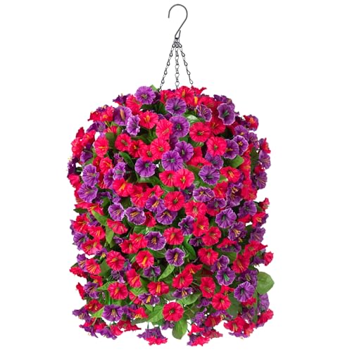 INXUGAO Artificial Flowers with Hanging Basket, Outdoor Faux Plants Silk Morning Glory Vines, Fake Green Arrangement for Garden Patio Spring Summer Decor(4pcs,Hot Pink Purple) - color: Hot Pink Purple