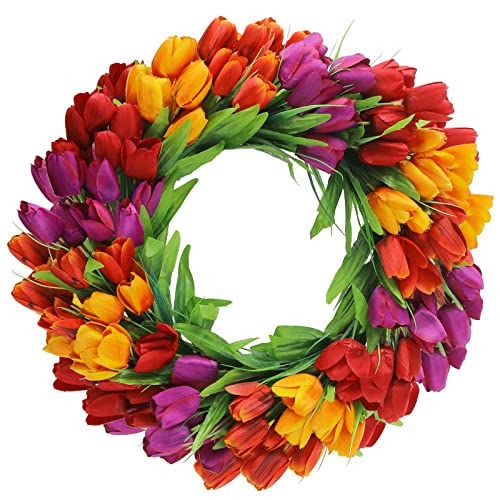 U'Artlines 24 Inch Tulip Wreath for Front Door, Spring Summer Silk Wreath with Green Leaves Artificial Tulip Flower Wreaths for All Seasons Window Wall Wedding Valentines Day Decor - color: Red Yellow Purple, size: 24 Inch