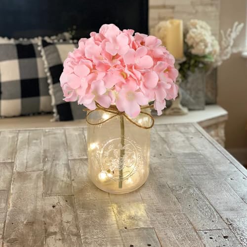 Set of 3 Mason Jar with Lights Blush Hydrangea Decorative Jars Flower Vase Farmhouse Table Centerpiece for Home Wedding Event Party Decor - color: Jar-pink Hydrangea