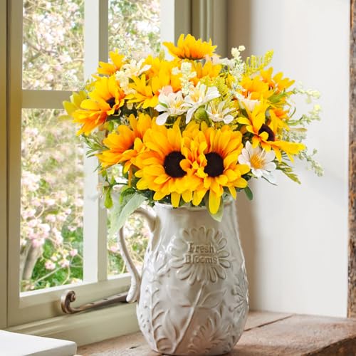 5 Bunches Artificial Sunflowers Bouquets, Fake Silk Sunflower with Faux Daisy Wildflowers Plants for Home Decor Indoor Floral Arrangements Table Centerpiece Bridal Wedding Decor (Orange) - color: Orange