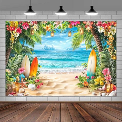 Summer Beach Ocean Backdrop, Tropical Hawaiian Palm Trees Flower Photography Background, Blue Sea Sky Luau Aloha Party Wedding Baby Birthday Bridal Shower Decoration Banner Photo Booth 5X3FT - color: Yellow, size: 5X3FT