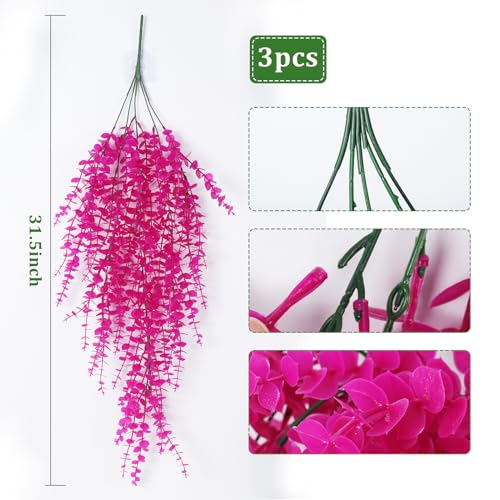 RECUTMS Artificial Plants Fake Hanging Vine Plant Hanging Eucalyptus Vine Artificial Leaves Greenery Plastic Plants for Indoor Bedroom Wall Decoration Outdoor Porch Home Wedding Decor(Pure Fuchsia) - color: Pure Fuchsia, size: Hanging Plants