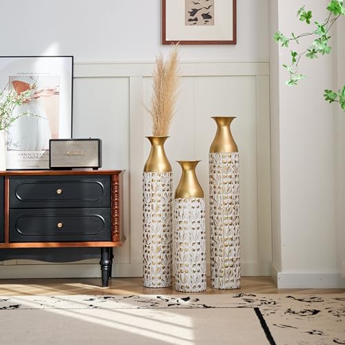 Floor Vases, Tall Home Decor Metal Vase Set of 3 Large Glazed Decorative Vases for Wedding Decor, Elegant Modern Flower Holder for Living Room, Entryway, Hallway - color: Leaf Mix White Gold