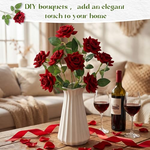 Zeyune 10 Pcs Velvet Red Fake Roses Artificial Flowers, and Real to Touch Rose Faux Long Stem Florals for DIY Wedding Centerpieces Party Home Decor