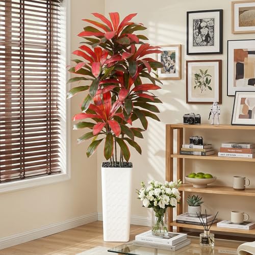 Artificial Dracaena Tree：7FT Faux Silk Tropical Yucca Floor Trees Realistic Fake Green Plant with Natural Wood Trunk & Lifelike Leaves for Home Office Decor Indoor & Outdoor (7FT,1-Pack,White) - color: Burgundy – White Pot, size: 7FT