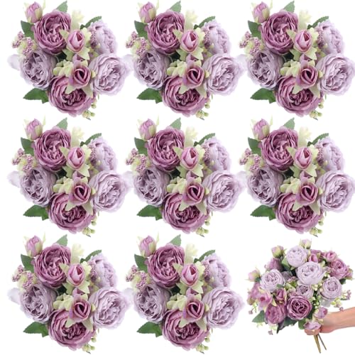 8 Bundles Artificial Peonies Flowers Boho Faux Flowers Arrangements Artificial Centerpiece Spring Bouquet Floral Wedding Decoration for Vase(Purple) - color: Purple Series