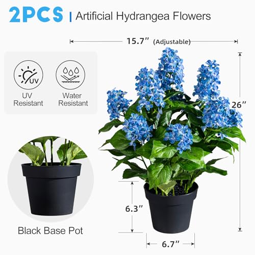 2 Pack Large UV Resistant Artificial Hydrangea Plants Fake Plastic plantas Flowers Trees Indoor Outdoor Realistic Floor Plants Faux Tree for Home Porch Garden Office Porch Patio Front Bonsai Decor - color: 9 Heads, size: 26 IN Blue