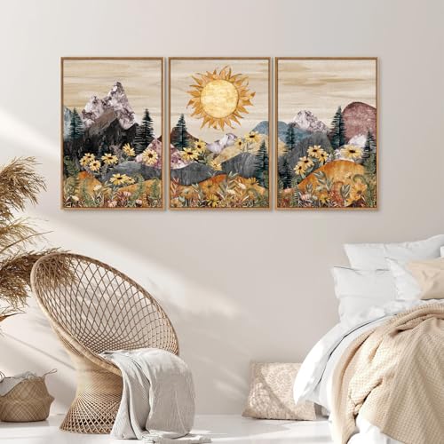 Rantodecor Boho Mountain Framed Canvas Wall Art, Western Daisy Floral Landscape Wall Decor, Rustic Fern Flowers Art Painting, Modern Fantasy Nature Sun Artwork for Bedroom Living Room Office 16"x24"x3 - color: Boho Mountain, size: 24"x16"