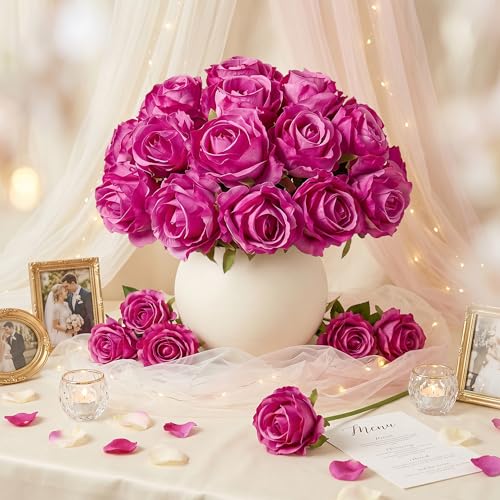 Ivydale 18pcs Hotpink Roses Artificial Flowers, Fake Roses Silk Flowers with Stems Realistic Bouquet for Mother's Day Wedding Party Home Decoration DIY Centerpiece Floral Romantic Gifts - color: Rose-hotpink