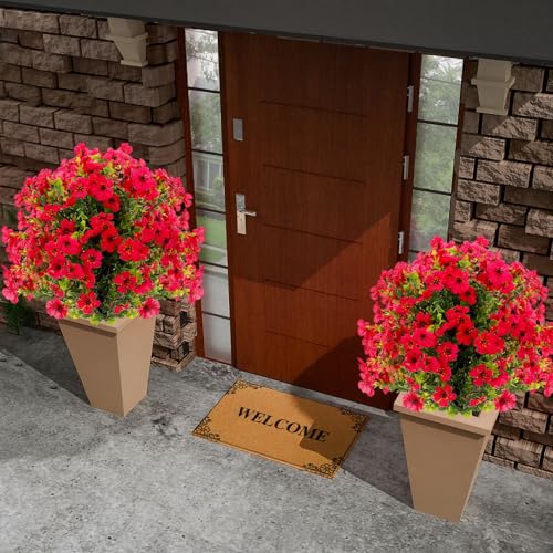 Suncalla 6 Pack Artificial Boxwood Topiary Ball Tree with Violet Flowers, 20" Outdoors Fake UV Resistant Plants with Ground Spike Faux Eucalyptus Shrubs Bushes for Porch Patio Garden (Colorful Flower) - style: Colorful Flower