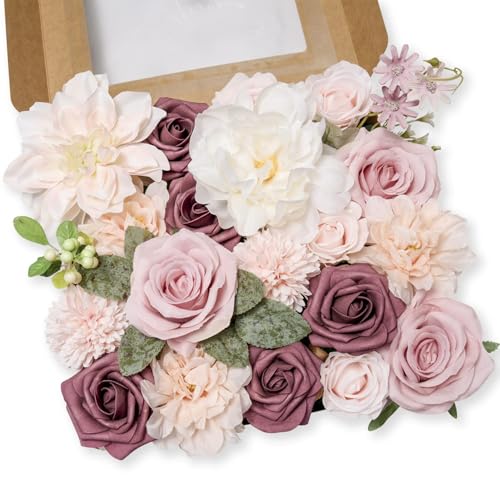 Artificial Flowers Combo Box Set Artificial Flowers Combo Silk Mix Fake Flowers with Stem for DIY Wedding Arch Bridal Bouquets Baby Shower Centerpieces Party Wall Home Decorations - color: Purple&white