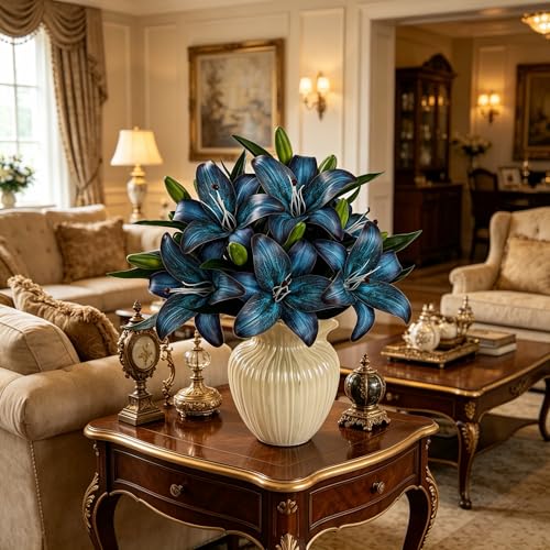 Kimura's Cabin 6Pcs Tiger Lily Artificial Flowers Real Touch Fake Lilies with Stems Faux Lilies Bouquet for Wedding Floral Arrangements Easter Home Table Centerpiece Office Decor(Deep Lake Blue) - color: Deep Lake Blue