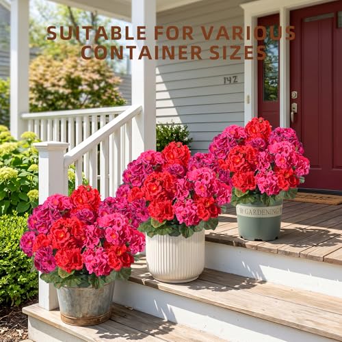 Geraniums Artificial Flowers for Outdoors, 2 Pack Potted Plants Faux Geraniums Bush Artificial Topiaries Realistic UV Resistant Fake Flowers Greenery for Outside Gardens Porch Patio Yard Indoor, Mix - color: 4 Red, 4 Hot Pink, 4 Fuchsia