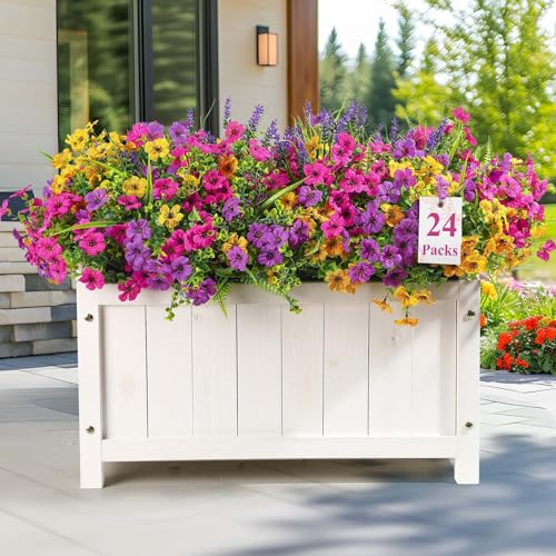 Alupssuc 24 Bundles Artificial Flowers for Outdoors Planters Spring Decoration, UV Resistant Faux Eucalyptus Violet and Lavender Silk Fake Plants for Outside Indoor Yard Home Patio Decor, Mix 3 Colors - color: Yellow Rose Purple